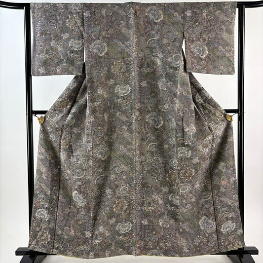 【美品】 小紋 身長159cm 袖長63cm S 雙層 山岡古都 有落款 草花紋紋 紗綾形紋意匠 灰紫 純蠶絲 逸品級