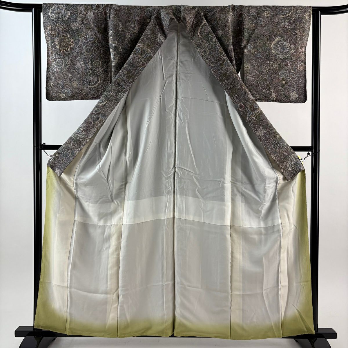 【美品】 小紋 身長159cm 袖長63cm S 雙層 山岡古都 有落款 草花紋紋 紗綾形紋意匠 灰紫 純蠶絲 逸品級