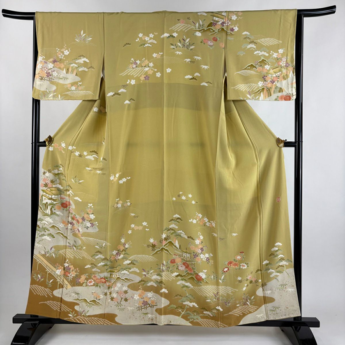 訪問服 身長158.5cm 袖長65.5cm M 雙層 滝泰 落款あり 風景 松樹竹子梅花 絞染 金銀彩 淡黃土 純蠶絲 逸品級