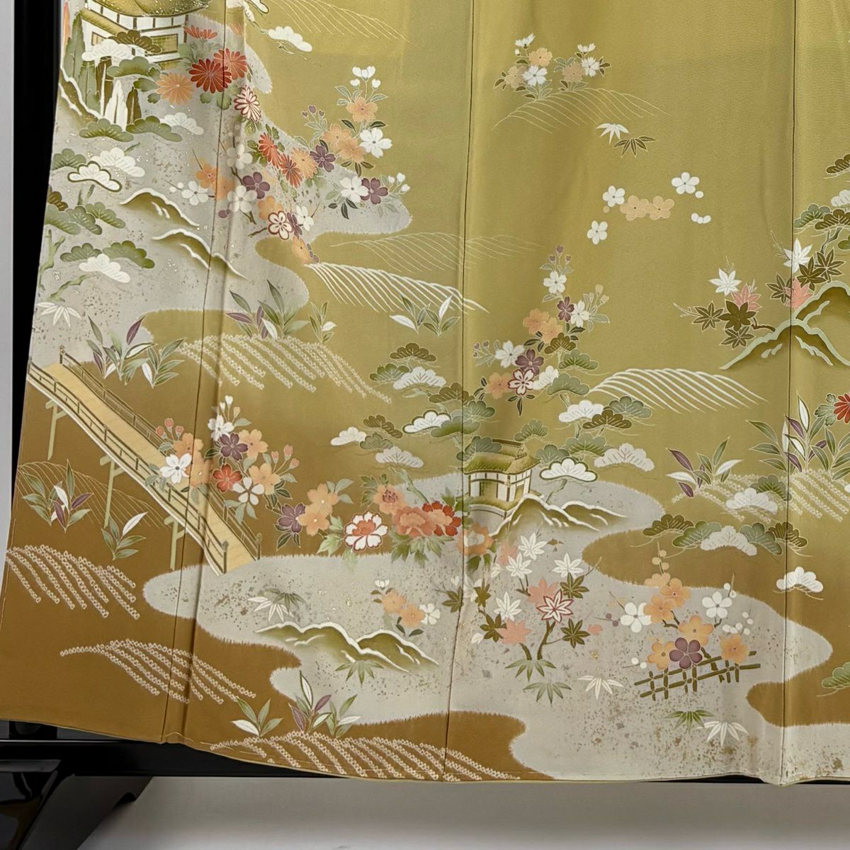 訪問服 身長158.5cm 袖長65.5cm M 雙層 滝泰 落款あり 風景 松樹竹子梅花 絞染 金銀彩 淡黃土 純蠶絲 逸品級