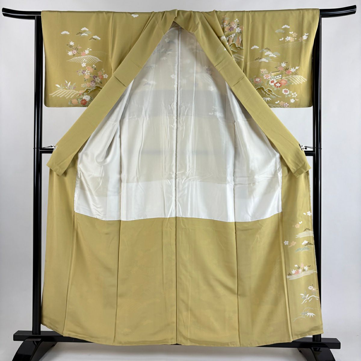 訪問服 身長158.5cm 袖長65.5cm M 雙層 滝泰 落款あり 風景 松樹竹子梅花 絞染 金銀彩 淡黃土 純蠶絲 逸品級
