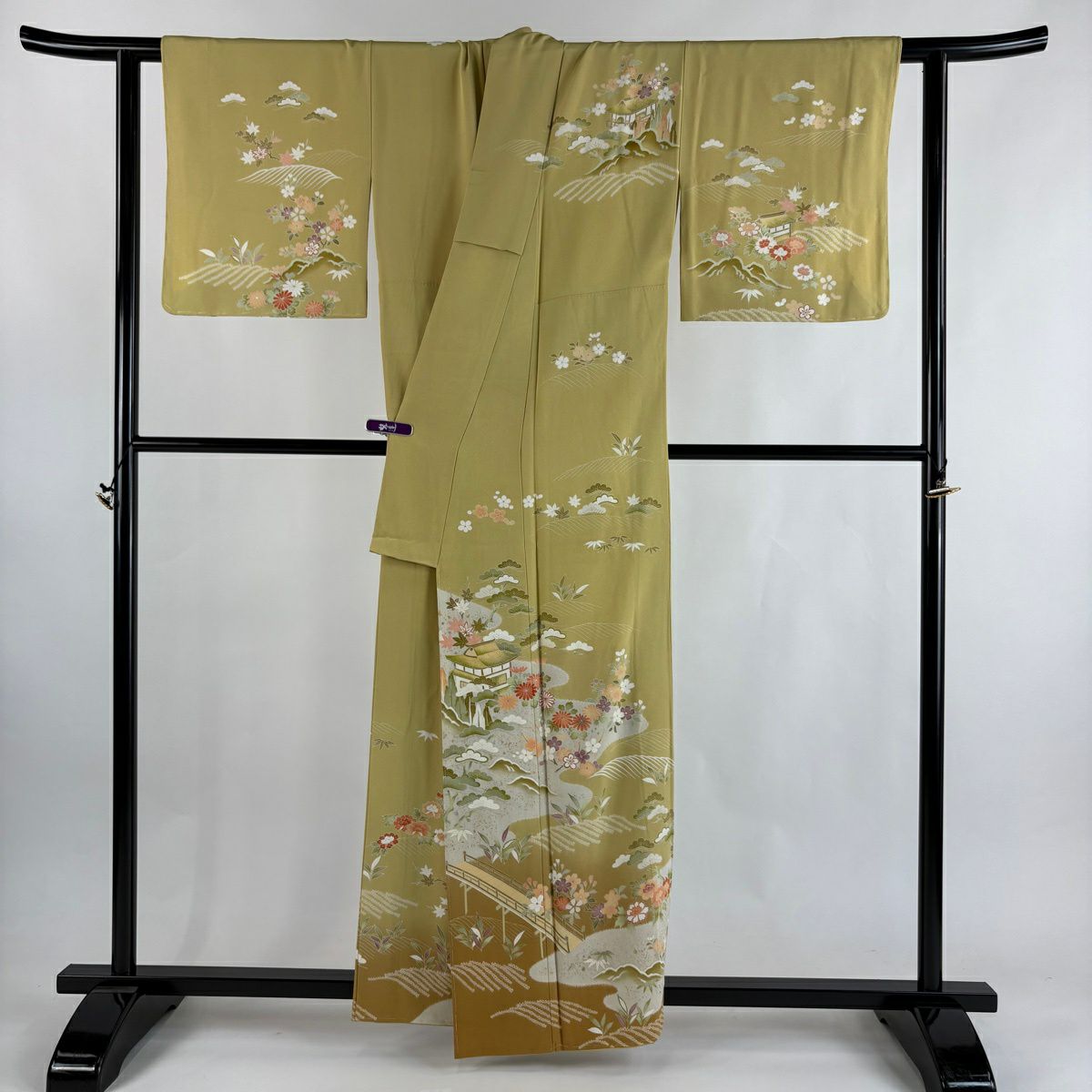 訪問服 身長158.5cm 袖長65.5cm M 雙層 滝泰 落款あり 風景 松樹竹子梅花 絞染 金銀彩 淡黃土 純蠶絲 逸品級