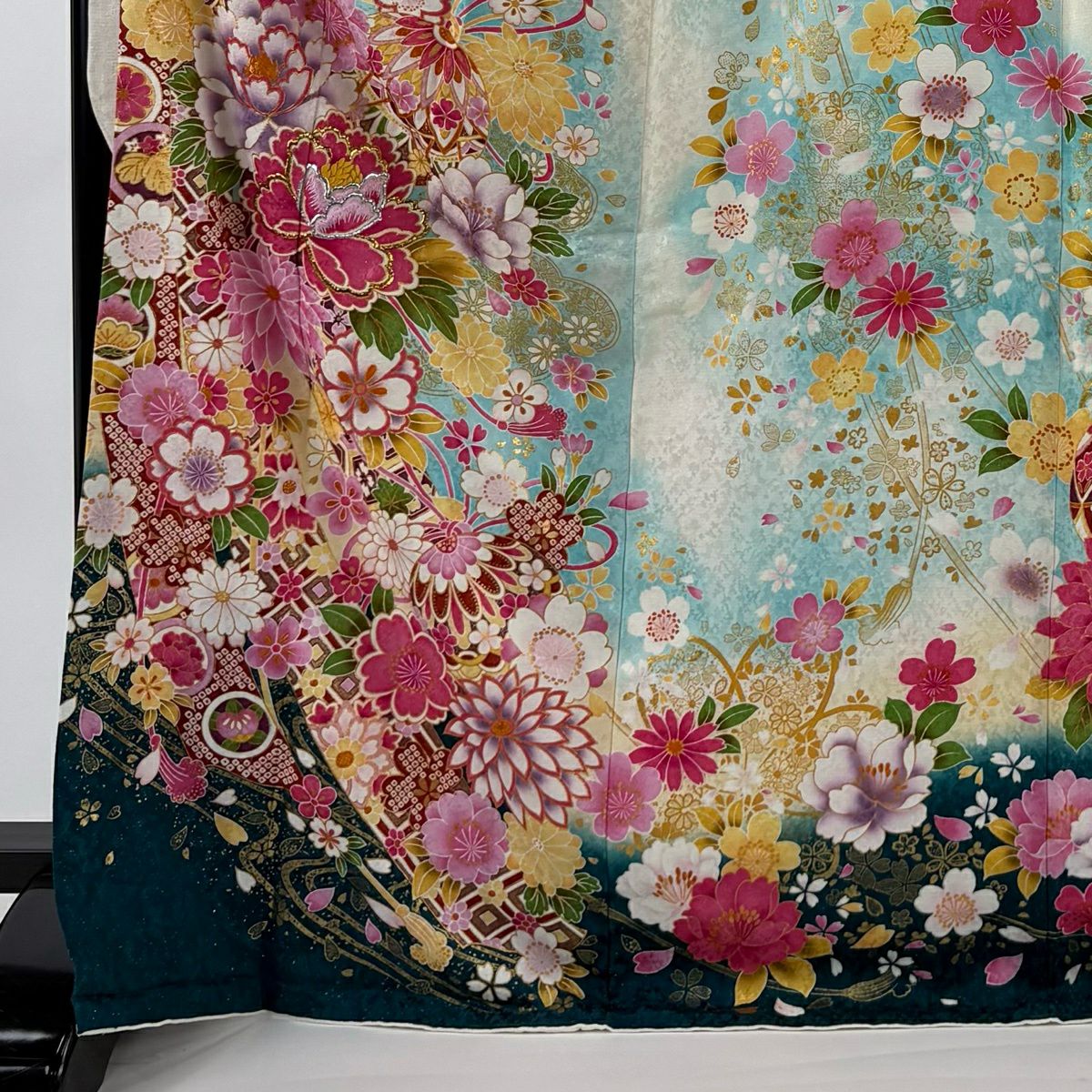 振袖禮服 身長172cm 袖長69cm L 雙層 草花紋紋 手鞠 金金箔 銀通し 白色 純蠶絲 逸品級