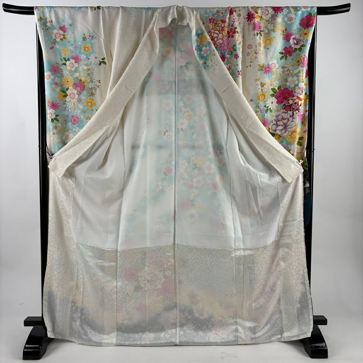 振袖禮服 身長172cm 袖長69cm L 雙層 草花紋紋 手鞠 金金箔 銀通し 白色 純蠶絲 逸品級