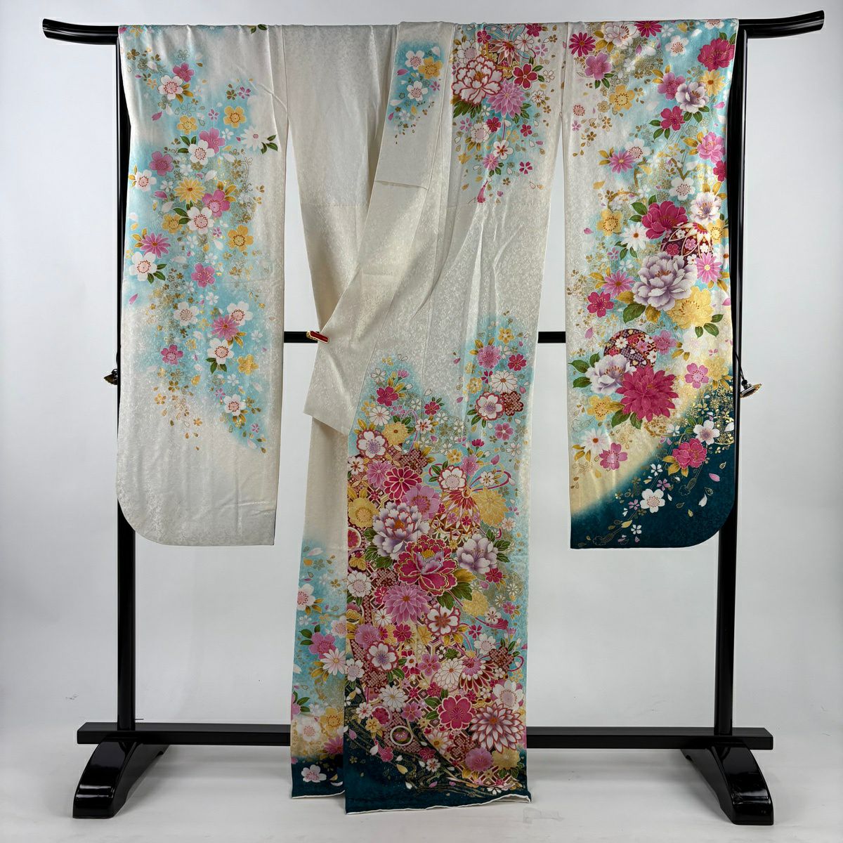 振袖禮服 身長172cm 袖長69cm L 雙層 草花紋紋 手鞠 金金箔 銀通し 白色 純蠶絲 逸品級