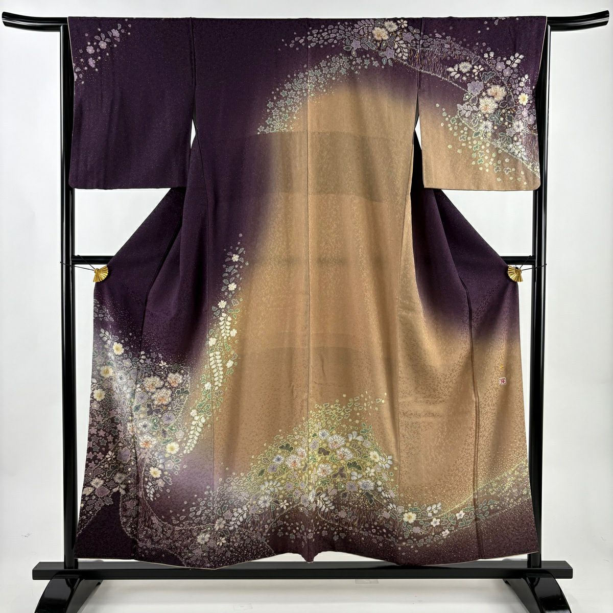 【美品】訪問服 身長156cm 袖長66cm M 雙層 吉乃一廉 落款あり 辻花染 銀通 金銀彩 紫 純蠶絲 逸品級