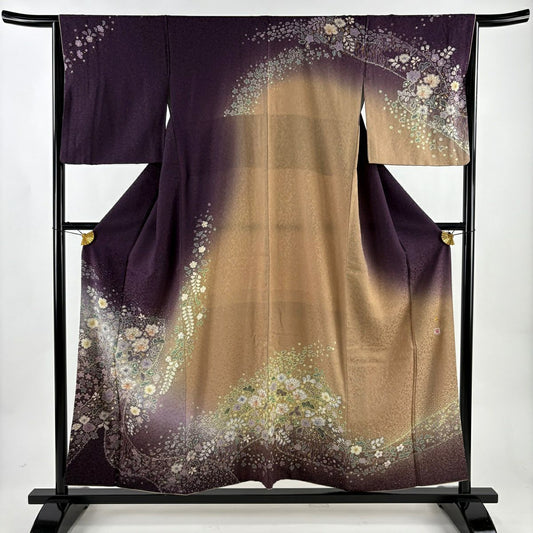 【美品】訪問服 身長156cm 袖長66cm M 雙層 吉乃一廉 落款あり 辻花染 銀通 金銀彩 紫 純蠶絲 逸品級