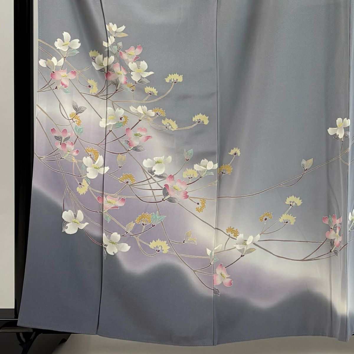 訪問服 身長160cm 袖長66.5cm M 雙層 横山秀一 加賀友禪 有落款 有證書 枝花 漸層 青灰色 純蠶絲 逸品級