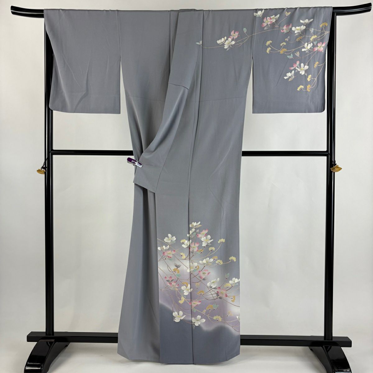訪問服 身長160cm 袖長66.5cm M 雙層 横山秀一 加賀友禪 有落款 有證書 枝花 漸層 青灰色 純蠶絲 逸品級