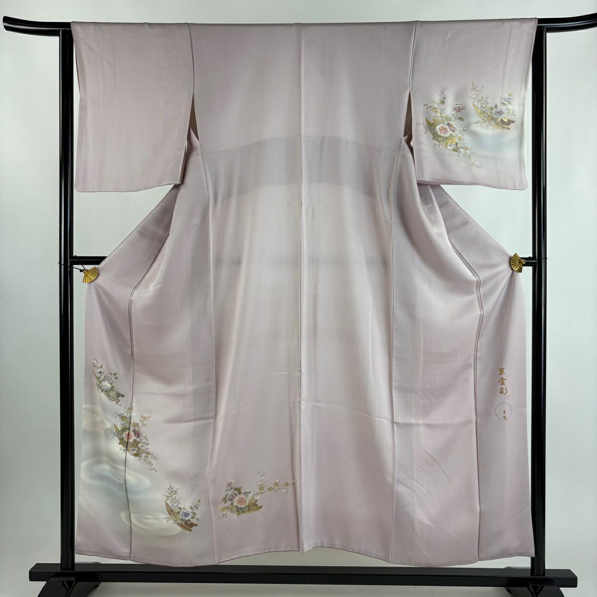 付下 身長154cm 袖長63cm S 雙層 鈴乃屋 有落款 舟 草花紋紋 拉麵 金銀彩 淺粉色 純蠶絲 逸品級