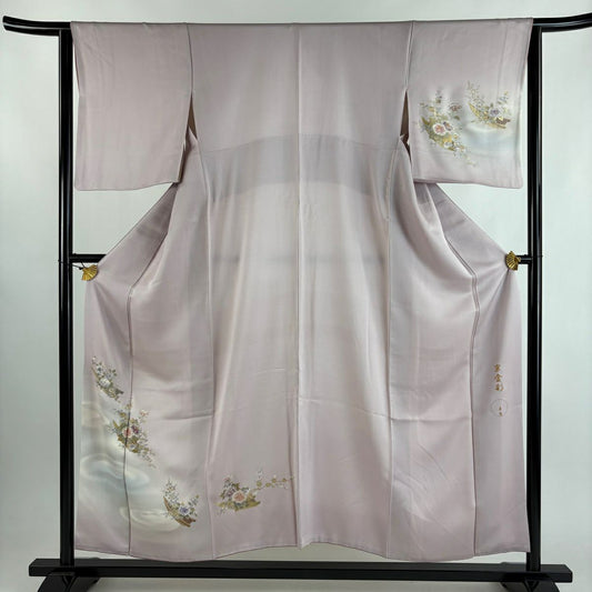 付下 身長154cm 袖長63cm S 雙層 鈴乃屋 有落款 舟 草花紋紋 拉麵 金銀彩 淺粉色 純蠶絲 逸品級