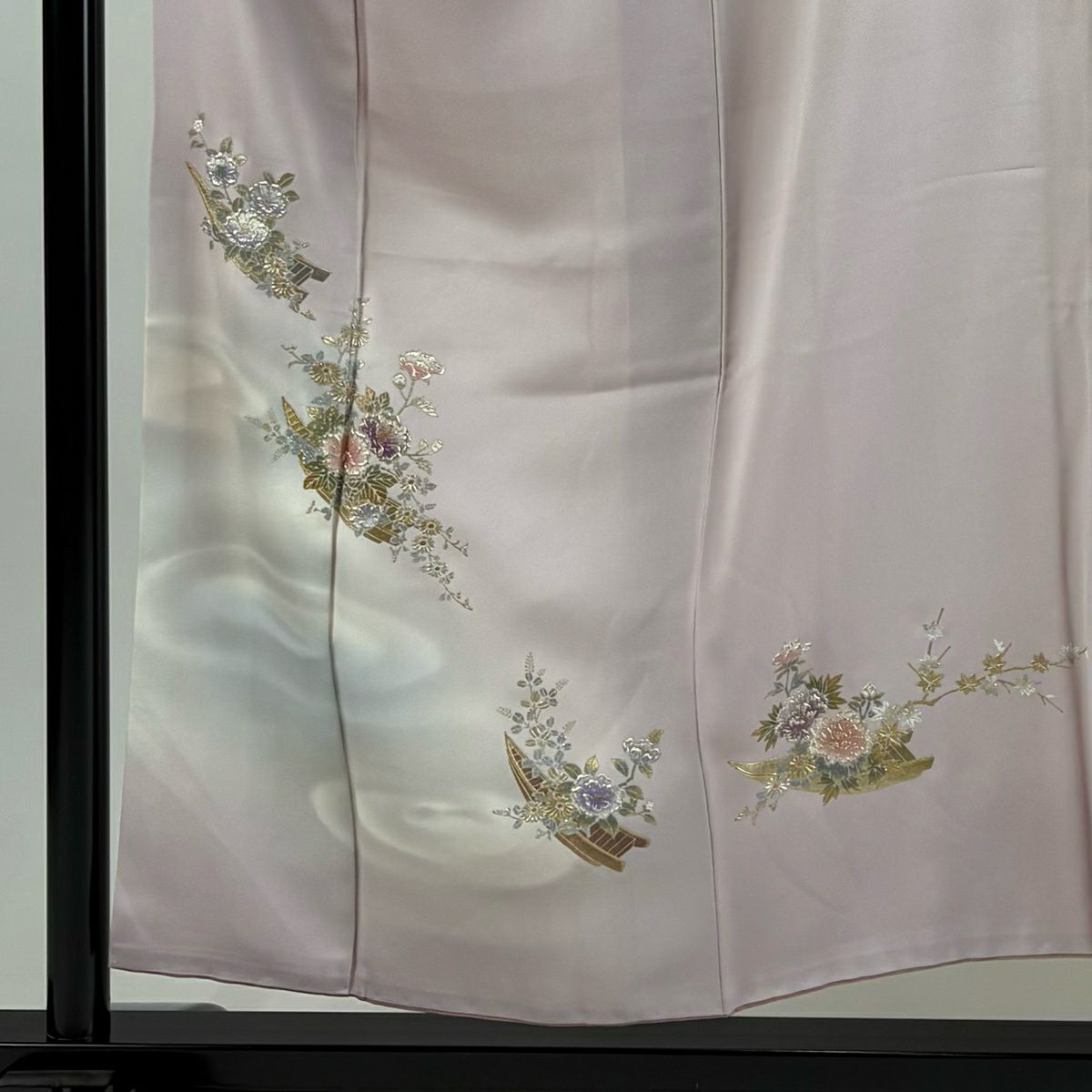 付下 身長154cm 袖長63cm S 雙層 鈴乃屋 有落款 舟 草花紋紋 拉麵 金銀彩 淺粉色 純蠶絲 逸品級