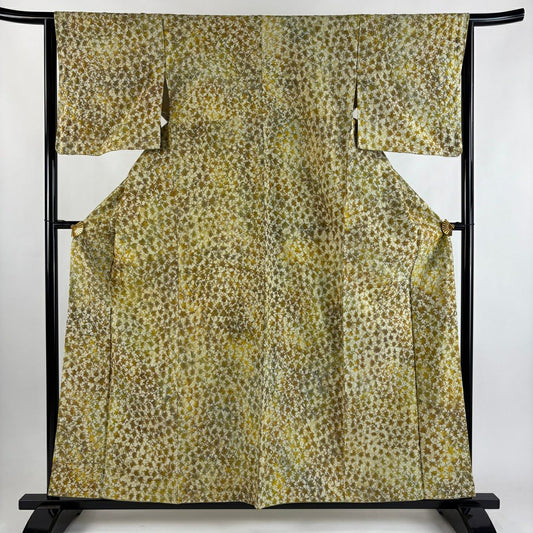 【美品】 小紋 身長159cm 袖長64cm M 雙層 紬織織 幾何學 絞染 茶綠 純蠶絲 逸品級
