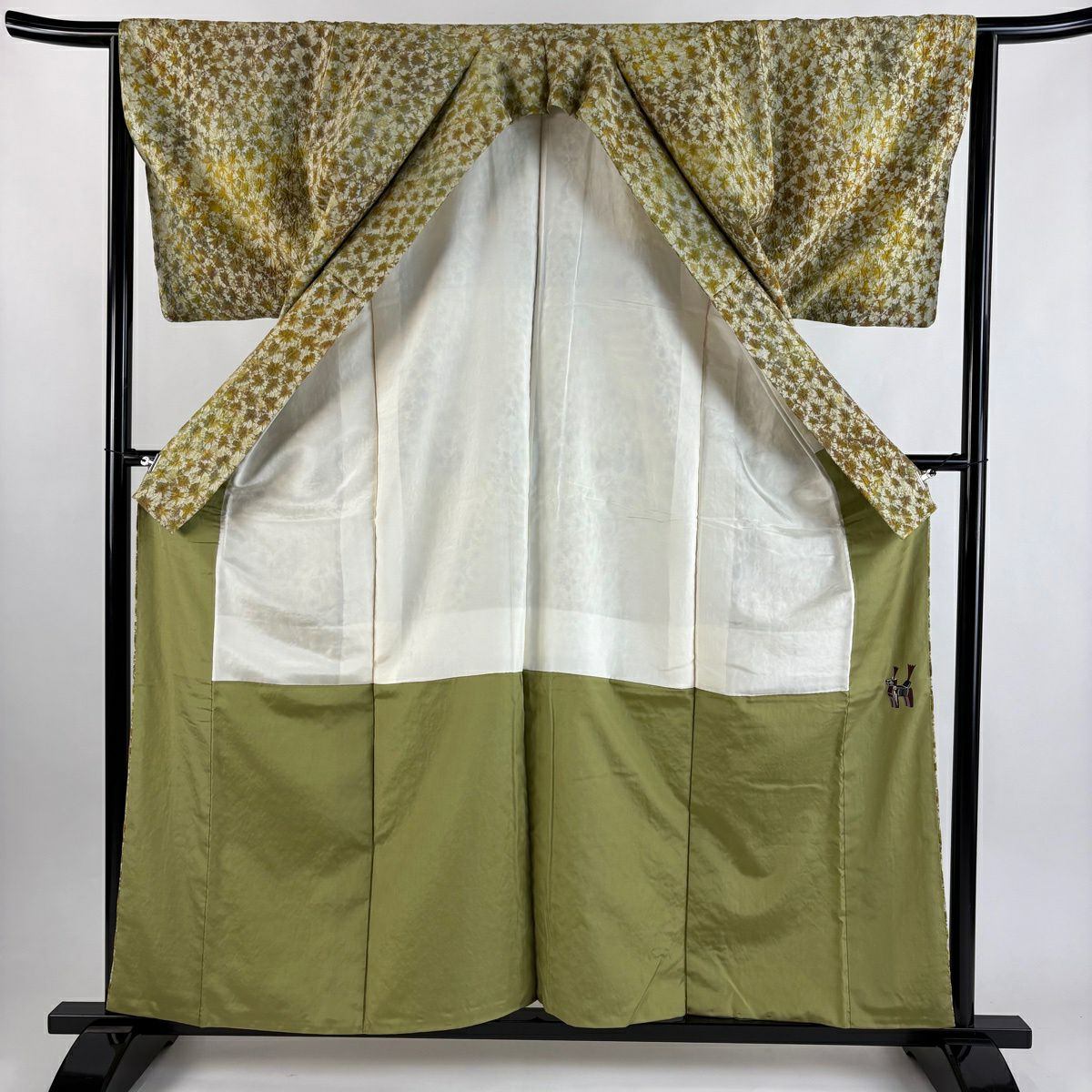 【美品】 小紋 身長159cm 袖長64cm M 雙層 紬織織 幾何學 絞染 茶綠 純蠶絲 逸品級