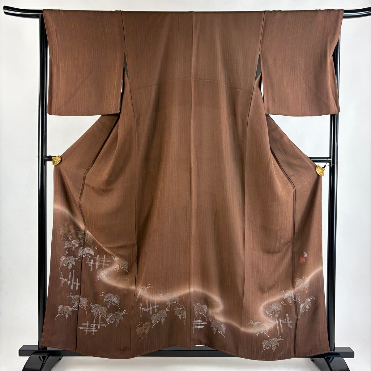 付下 身長157cm 袖長66.5cm M 雙層 藤林德扇子 落款 葡萄 霞 金銀彩 漸層 茶 純蠶絲 逸品級