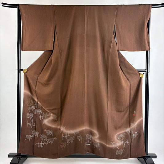 付下 身長157cm 袖長66.5cm M 雙層 藤林德扇子 落款 葡萄 霞 金銀彩 漸層 茶 純蠶絲 逸品級