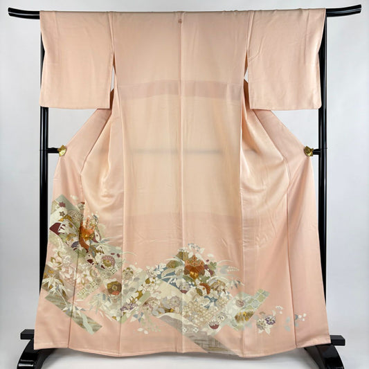 色留袖禮服 身長163cm 袖長67cm M 雙層 千總 落款あり 桐 菊花 刺繡 金糸 淡粉色 純蠶絲 逸品級 一つ紋