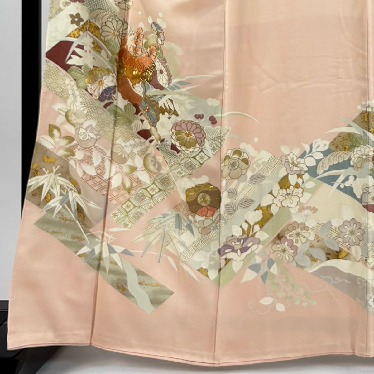 色留袖禮服 身長163cm 袖長67cm M 雙層 千總 落款あり 桐 菊花 刺繡 金糸 淡粉色 純蠶絲 逸品級 一つ紋