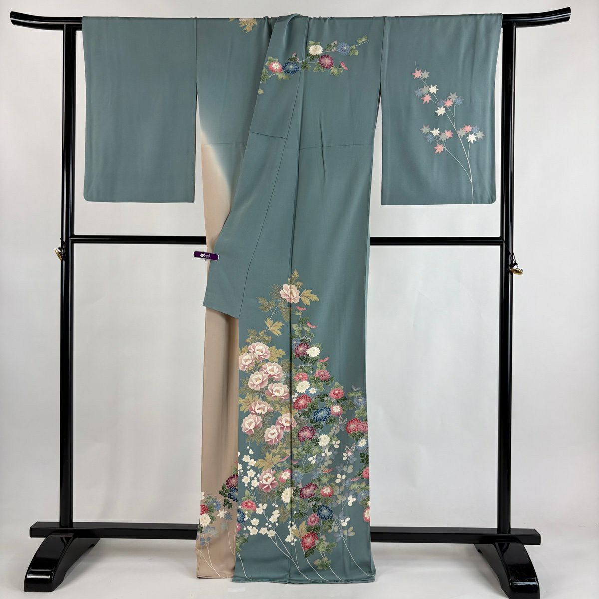 訪問服 身長166cm 袖長66cm M 雙層 仙鶴見保次 落款あり 菊花 牡丹 染分 ぼかし 灰綠 純蠶絲 逸品級 一つ紋