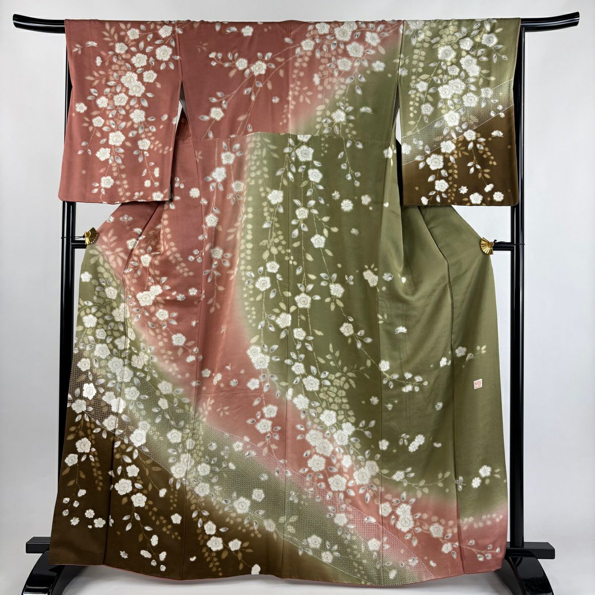 【美品】訪問服 身長165.5cm 袖長67cm M 雙層 落款あり 辻花染圖案 刺繡 染分 粉米色 純蠶絲 逸品級