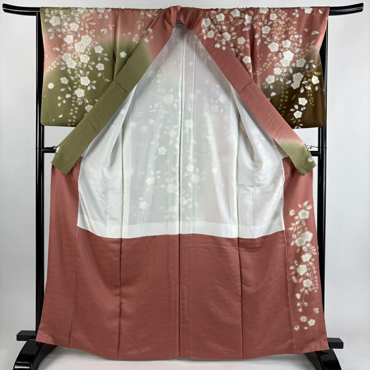 【美品】訪問服 身長165.5cm 袖長67cm M 雙層 落款あり 辻花染圖案 刺繡 染分 粉米色 純蠶絲 逸品級