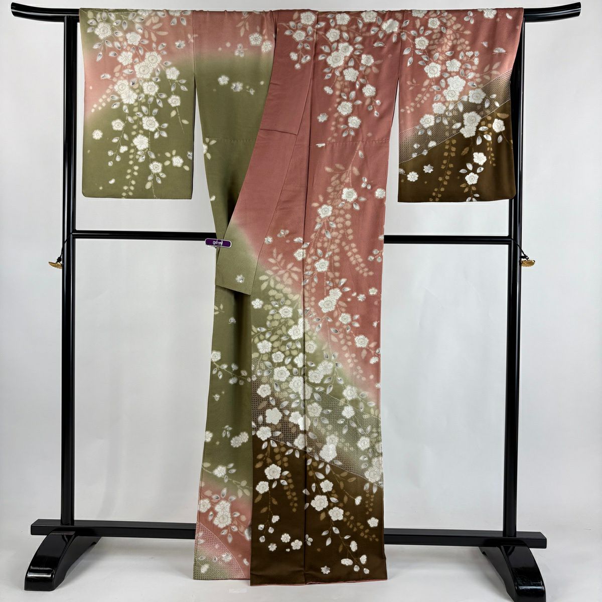 【美品】訪問服 身長165.5cm 袖長67cm M 雙層 落款あり 辻花染圖案 刺繡 染分 粉米色 純蠶絲 逸品級