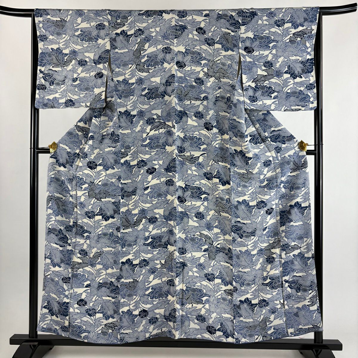 小紋 身長156.5cm 袖長65cm M 雙層 栗山吉三郎 和染紅型 落款あり 草花紋紋 絞緞 純蠶絲 逸品級