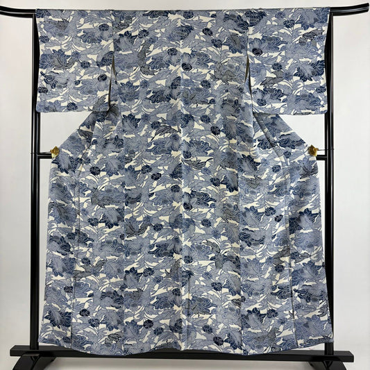 小紋 身長156.5cm 袖長65cm M 雙層 栗山吉三郎 和染紅型 落款あり 草花紋紋 絞緞 純蠶絲 逸品級