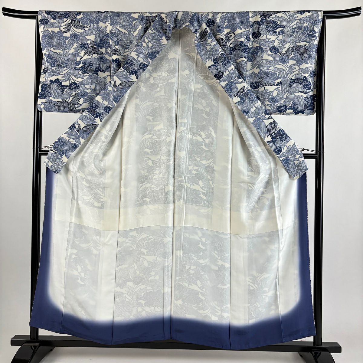 小紋 身長156.5cm 袖長65cm M 雙層 栗山吉三郎 和染紅型 落款あり 草花紋紋 絞緞 純蠶絲 逸品級