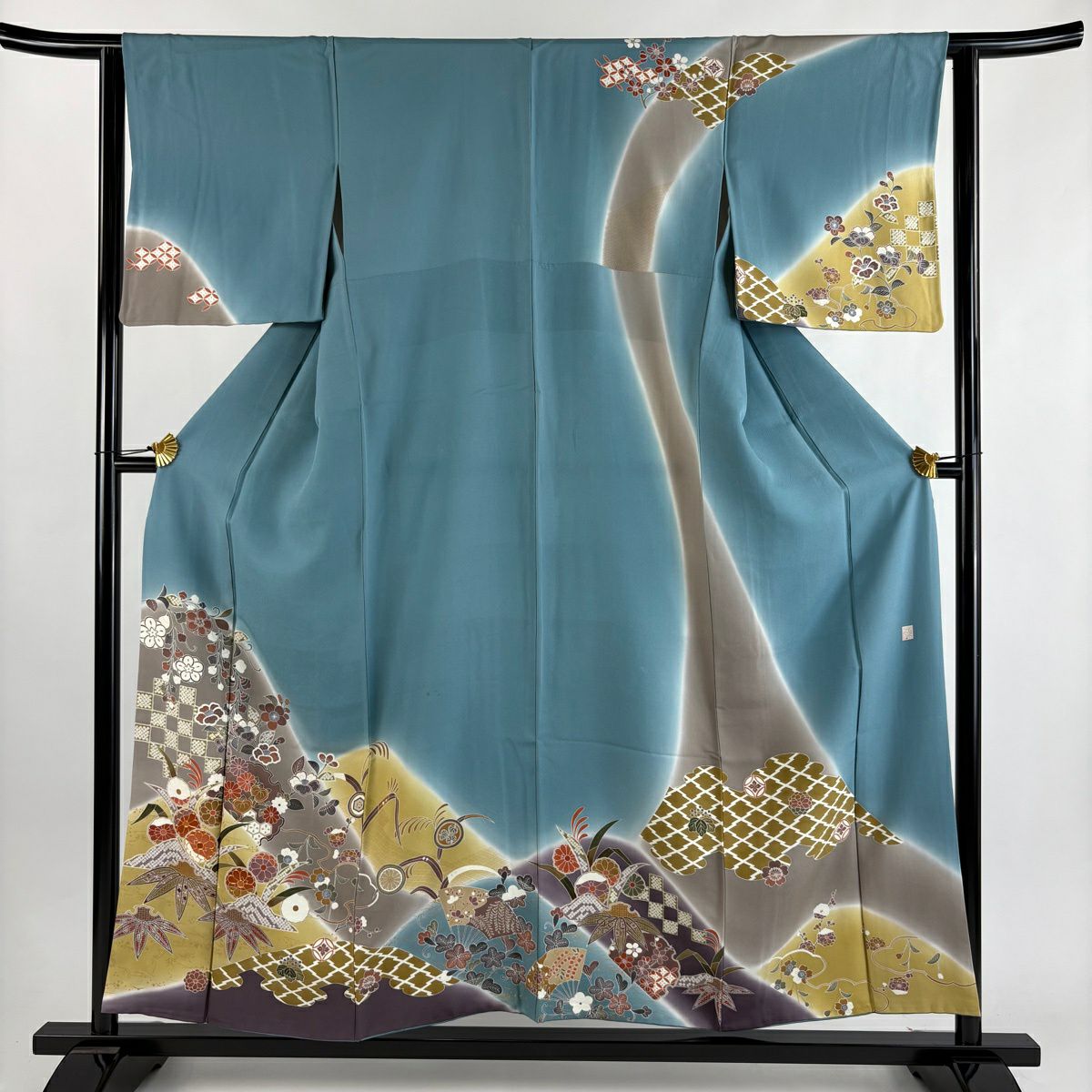 訪問服 身長155cm 袖長62.5cm S 雙層 滝泰 有落款 雪輪 草花紋 金線 金銀彩 青灰 純蠶絲 逸品級