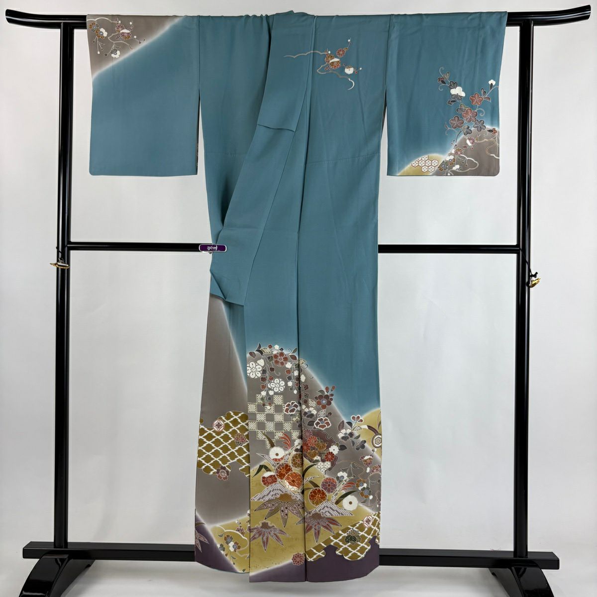 訪問服 身長155cm 袖長62.5cm S 雙層 滝泰 有落款 雪輪 草花紋 金線 金銀彩 青灰 純蠶絲 逸品級