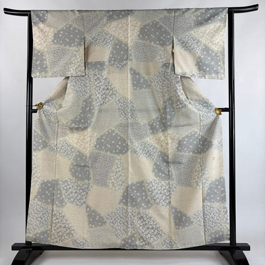 【美品】 小紋 身長160cm 袖長64cm M 雙層 牛首紬織織地 落款あり 證書あり 櫻花 小花 米色 純蠶絲 逸品級