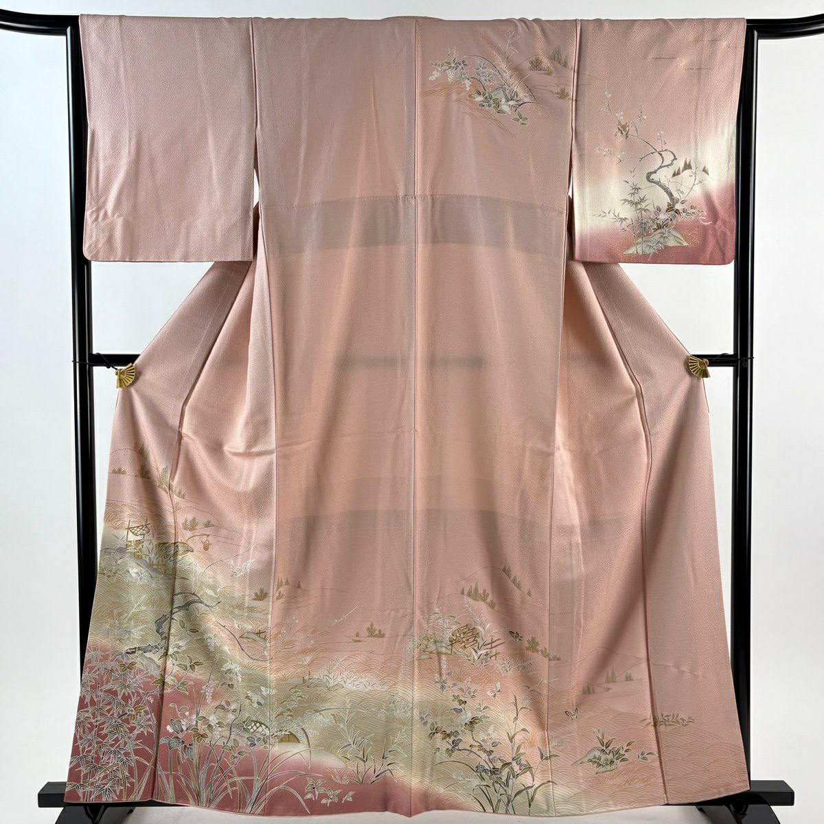 訪問服 身長160cm 袖長64.5cm M 雙層 舟 笹 金彩裝飾 漸層 粉紅 純蠶絲 優品級