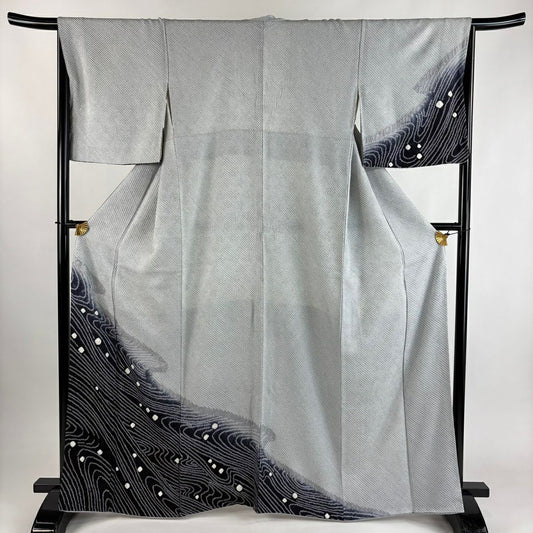 付下 身長163.5cm 袖長67cm M 雙層 波頭 總絞染 青灰 純蠶絲 秀品級