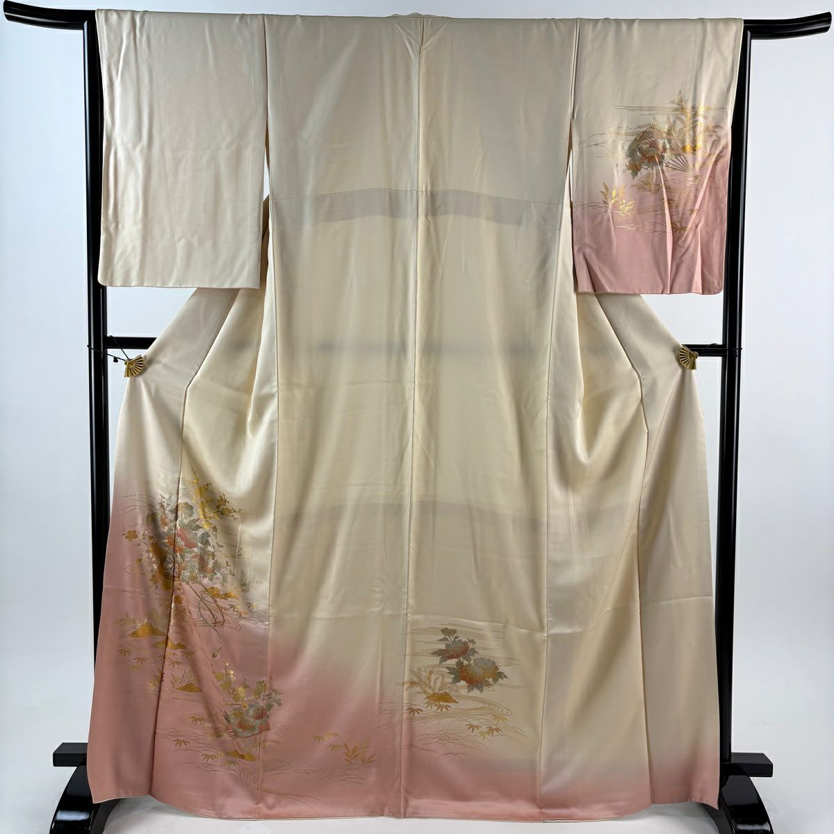 【美品】訪問服 身長167cm 袖長65cm M 雙層 花車 流水 金銀彩 漸層 奶油色 純蠶絲 優品級