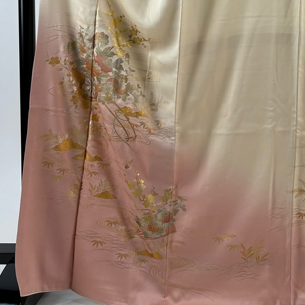 【美品】訪問服 身長167cm 袖長65cm M 雙層 花車 流水 金銀彩 漸層 奶油色 純蠶絲 優品級
