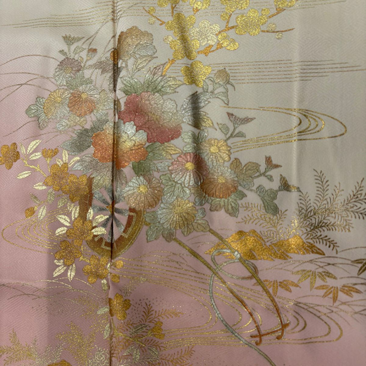 【美品】訪問服 身長167cm 袖長65cm M 雙層 花車 流水 金銀彩 漸層 奶油色 純蠶絲 優品級