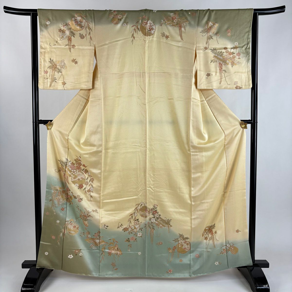 訪問服 身長163cm 袖長63cm S 雙層 雪輪 草花紋 金糸 漸層 淡橙色 純蠶絲 優品級