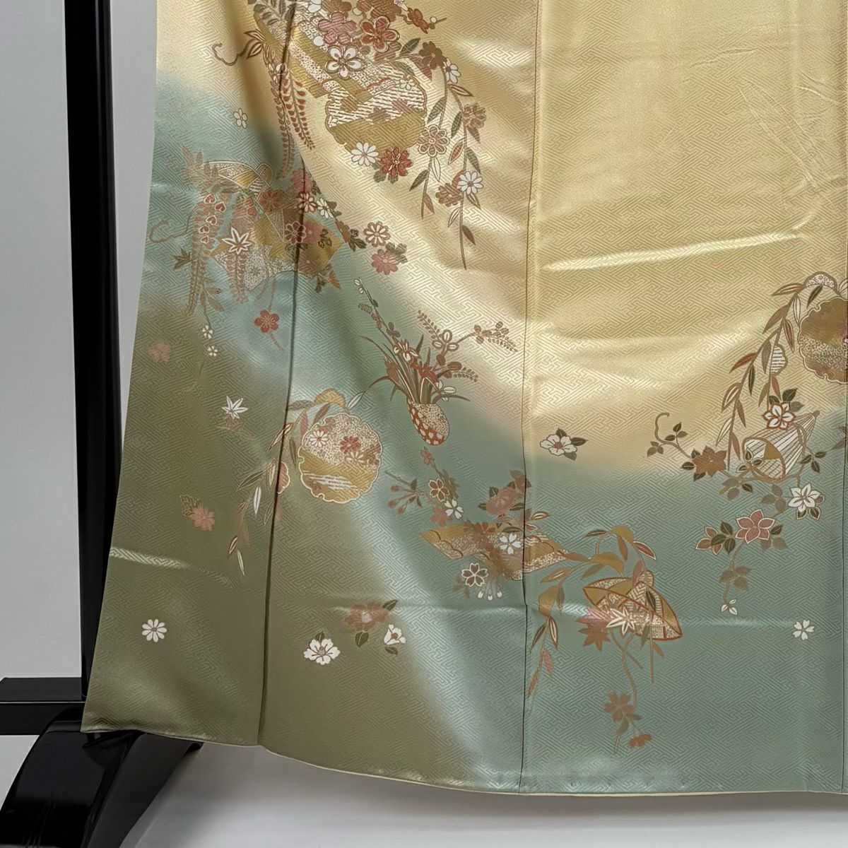 訪問服 身長163cm 袖長63cm S 雙層 雪輪 草花紋 金糸 漸層 淡橙色 純蠶絲 優品級