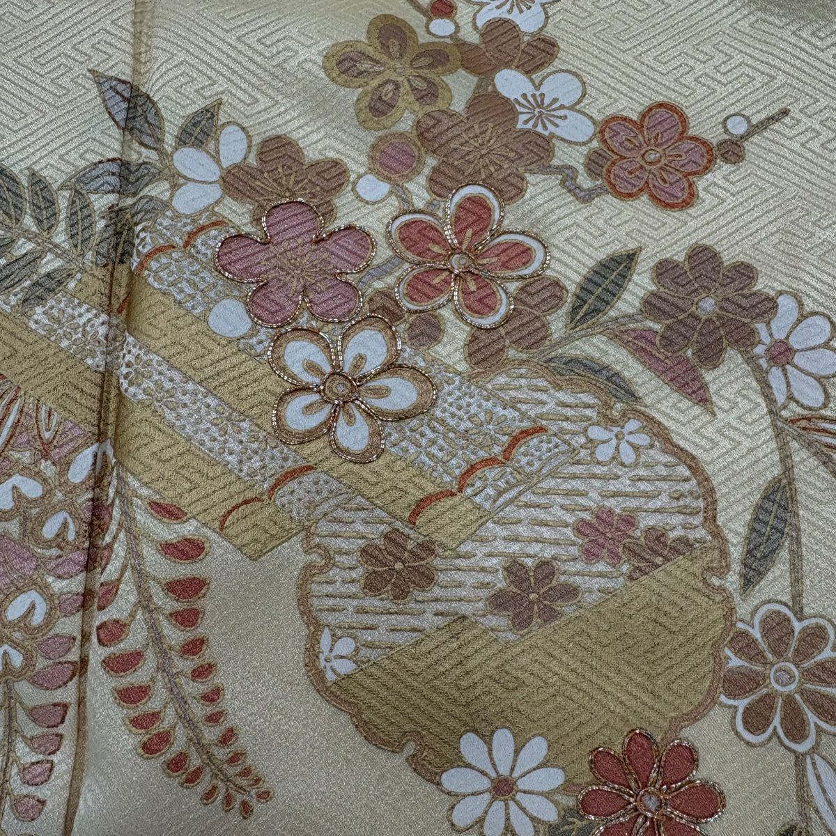 訪問服 身長163cm 袖長63cm S 雙層 雪輪 草花紋 金糸 漸層 淡橙色 純蠶絲 優品級