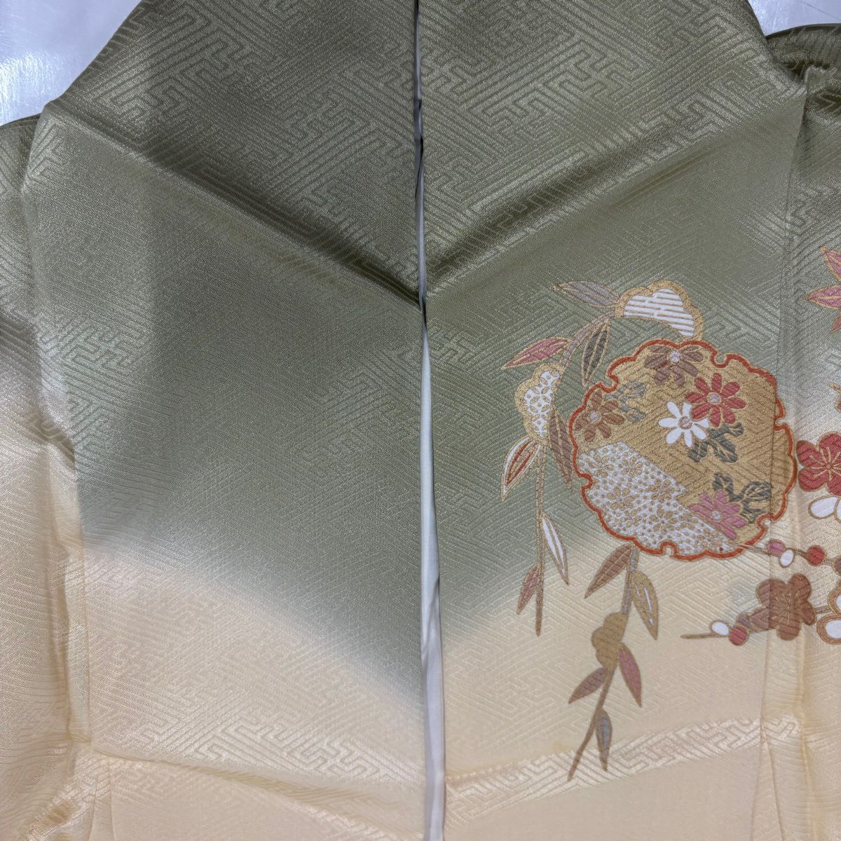 訪問服 身長163cm 袖長63cm S 雙層 雪輪 草花紋 金糸 漸層 淡橙色 純蠶絲 優品級