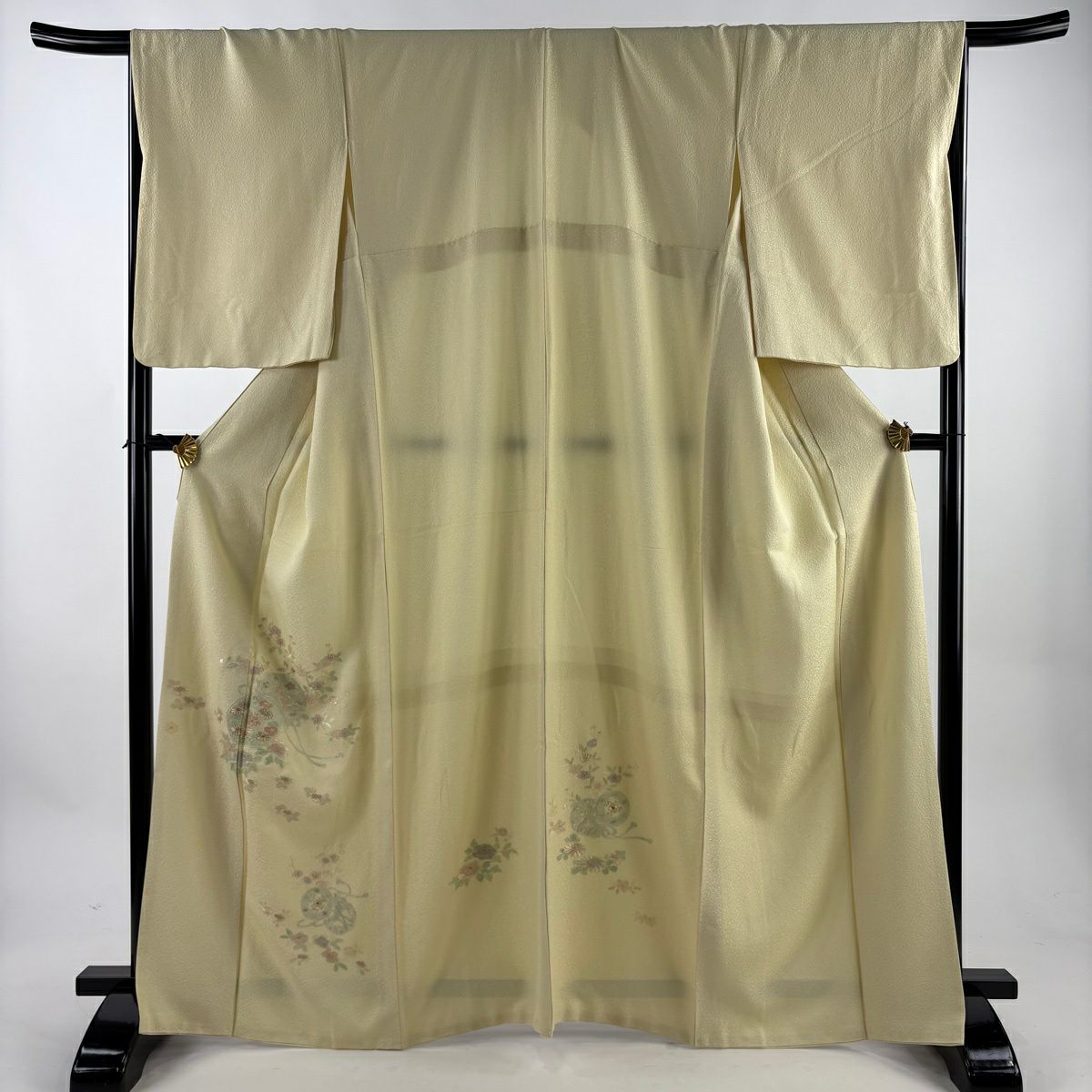 付下 身長165.5cm 袖長67.5cm L 雙層 鼓 草花紋刺繡 金線 淺黃 純蠶絲 優品級