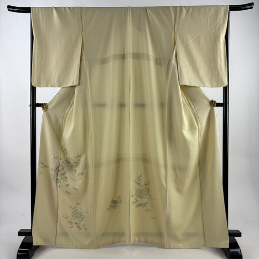 付下 身長165.5cm 袖長67.5cm L 雙層 鼓 草花紋刺繡 金線 淺黃 純蠶絲 優品級