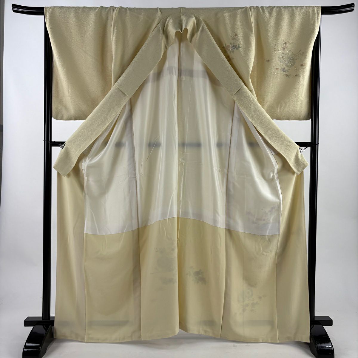 付下 身長165.5cm 袖長67.5cm L 雙層 鼓 草花紋刺繡 金線 淺黃 純蠶絲 優品級