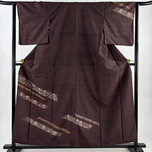 【美品】 付下 身長158.5cm 袖長63cm S 雙層 紬織織 草花紋紋 金彩裝飾 茶紫 純蠶絲 秀品級