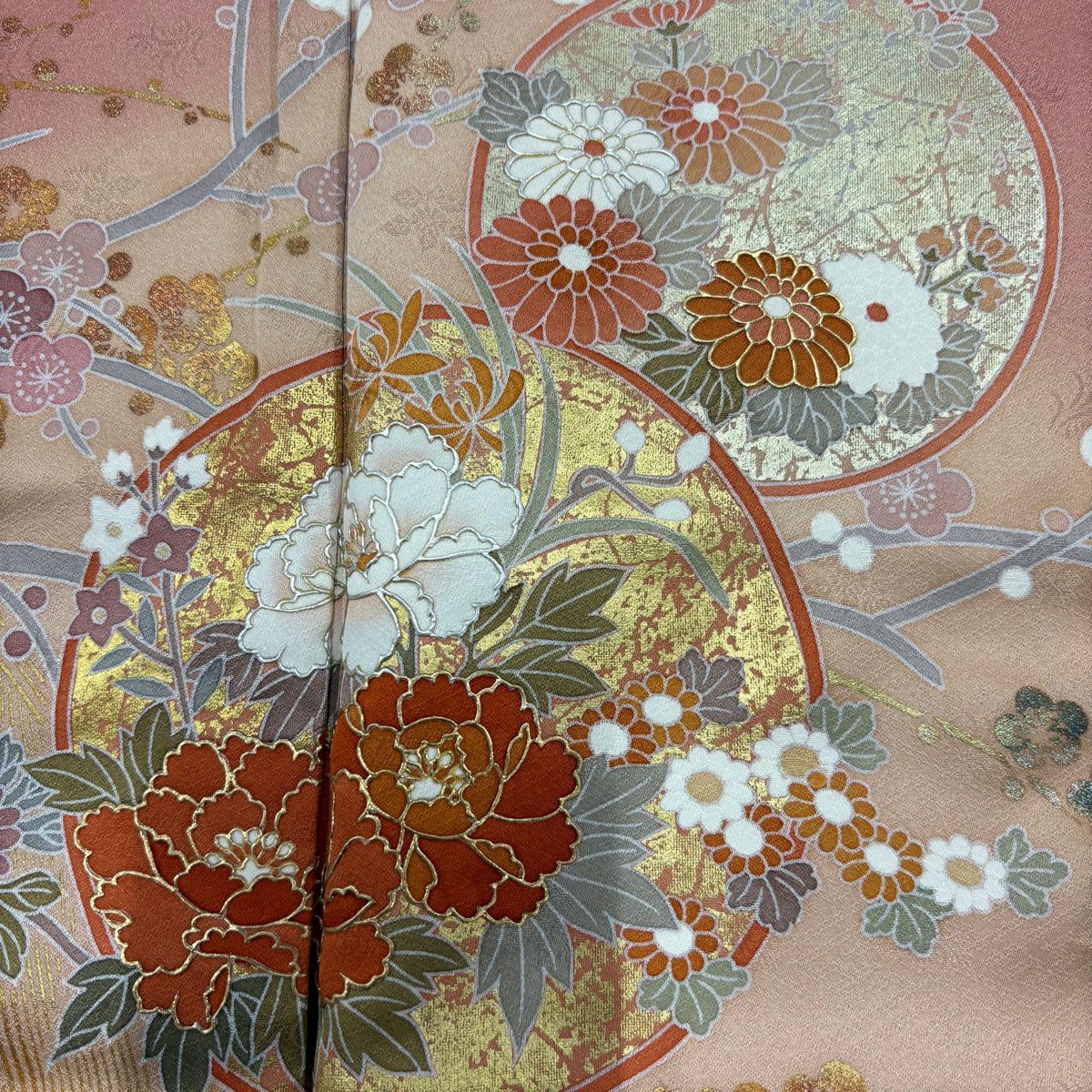 訪問服 身長157.5cm 袖長63cm S 雙層 枝梅花 牡丹 金銀彩 金絲 粉紅 純蠶絲 秀品級