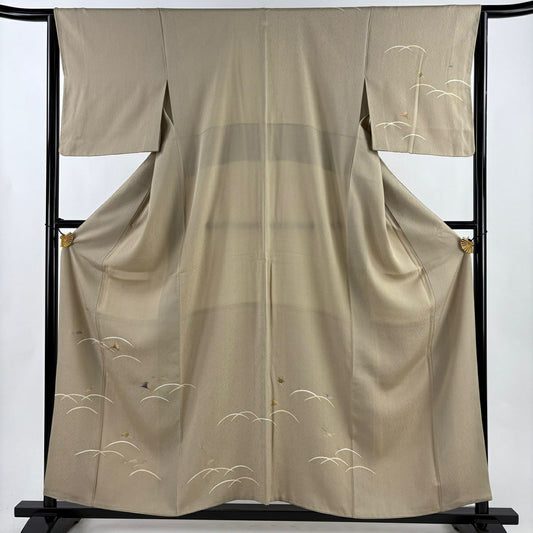 【美品】 付下 身長157.5cm 袖長64cm M 雙層 芝 綠杏 金銀彩 金絲 灰茶 純蠶絲 秀品級 一つ紋