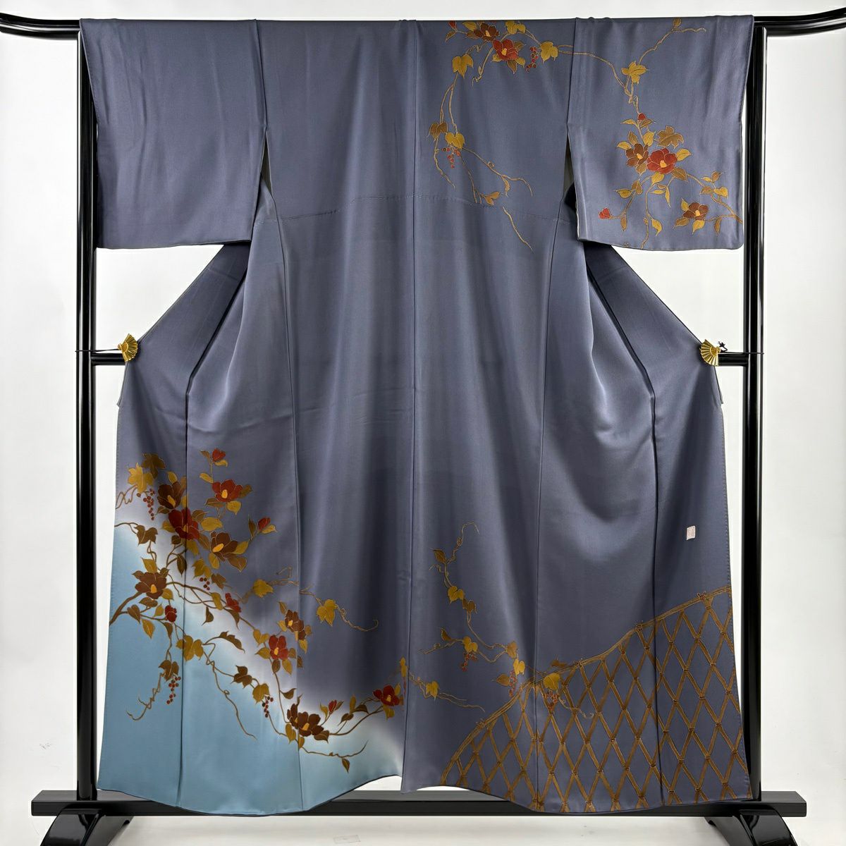 訪問服 身長157cm 袖長66.5cm M 雙層 落款有 椿 葡萄 金銀彩 漸層 灰紫 純蠶絲 優品級