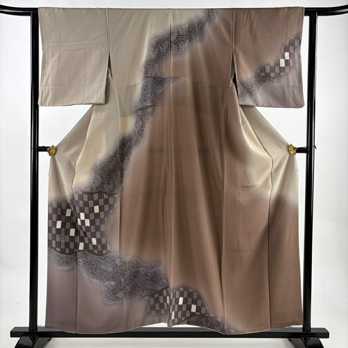 訪問服 身長156.5cm 袖長62.5cm S 雙層 草花紋紋 變化市松樹 金銀彩 米色 純蠶絲 優品級