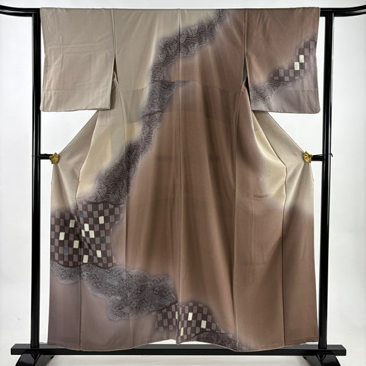 訪問服 身長156.5cm 袖長62.5cm S 雙層 草花紋紋 變化市松樹 金銀彩 米色 純蠶絲 優品級